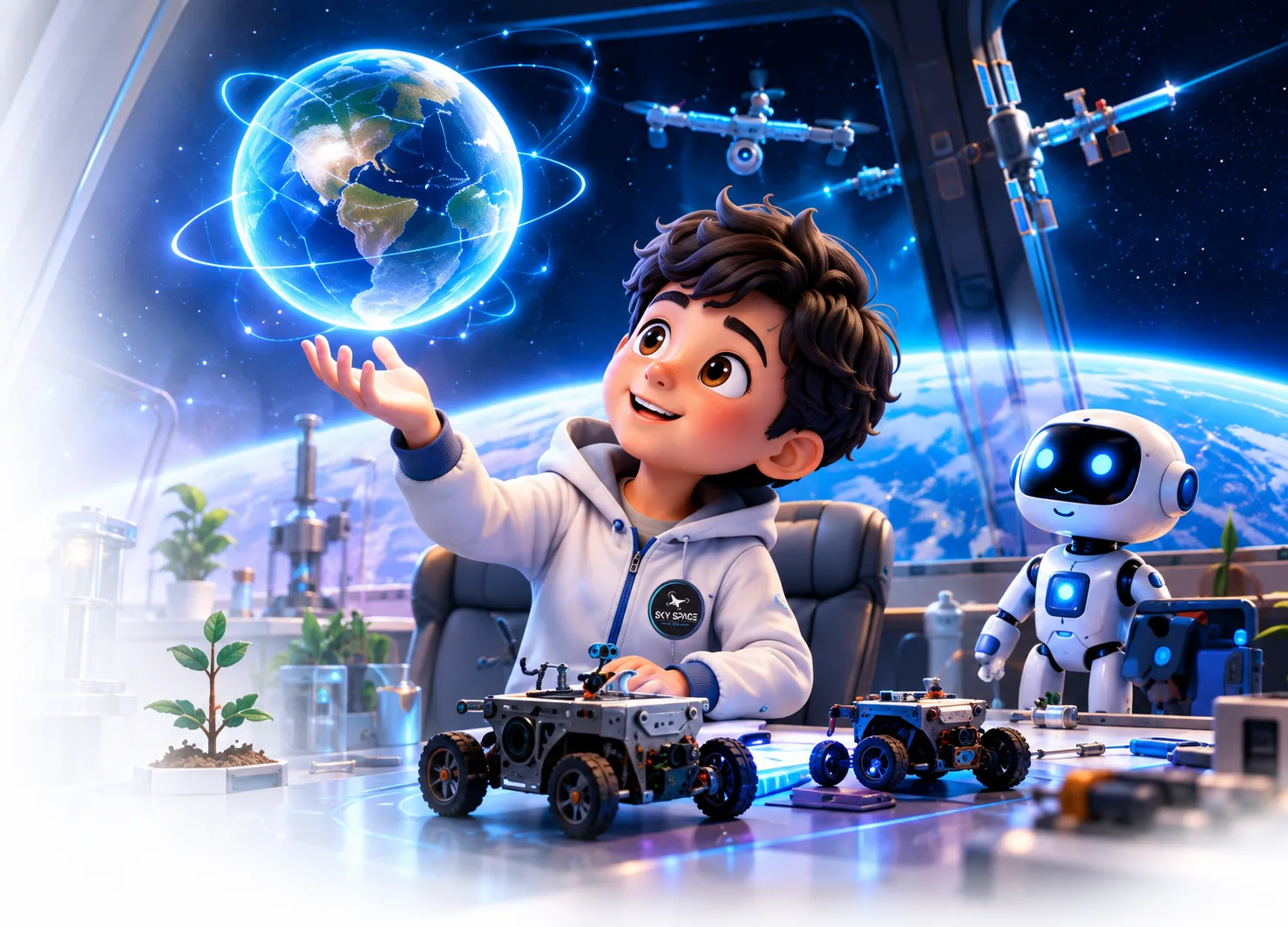 A young inventor holds a holographic Earth beside a robot companion, drone and robotics projects in a space laboratory